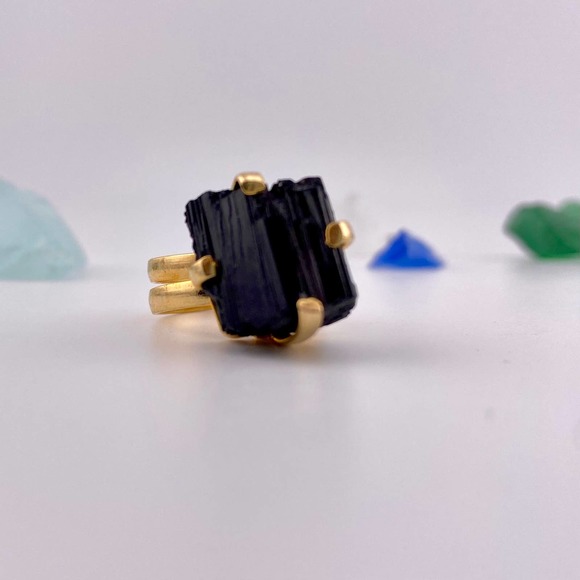Natural Raw Black Tourmaline 18k Gold Plated Adjustable Ring - Picture 4 of 10